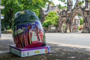 Barrel in street next to church